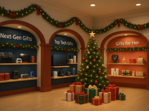 Illustration of a virtual holiday shopping mall with festive decorations and product rooms.