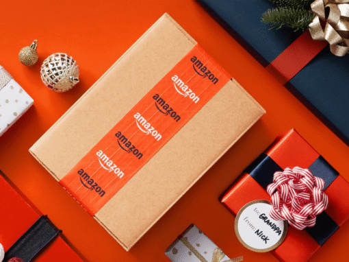 Amazon shipping box and gift wrapped boxes.