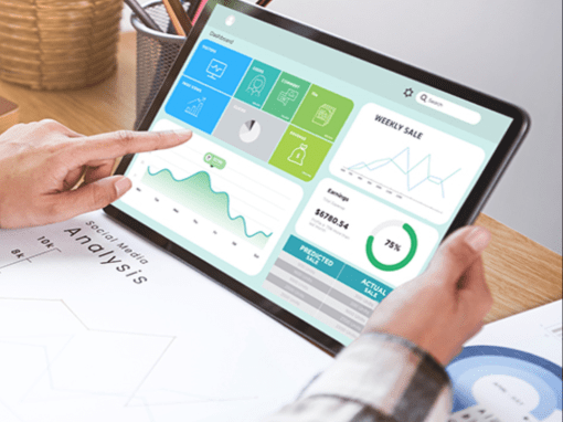 Hands holding a digital tablet showing charts and analytics for weekly content performance, representing AI-powered editorial planning and progress tracking.