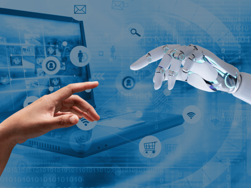 Human and robotic hands reaching toward each other over a digital background, symbolizing collaboration between AI technology and human creativity in content planning.