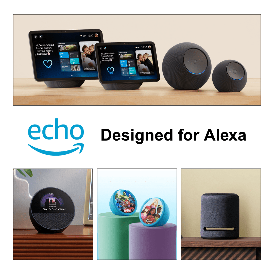 Echo voice-controlled smart speakers that provide hands-free use with Alexa digital assistant.