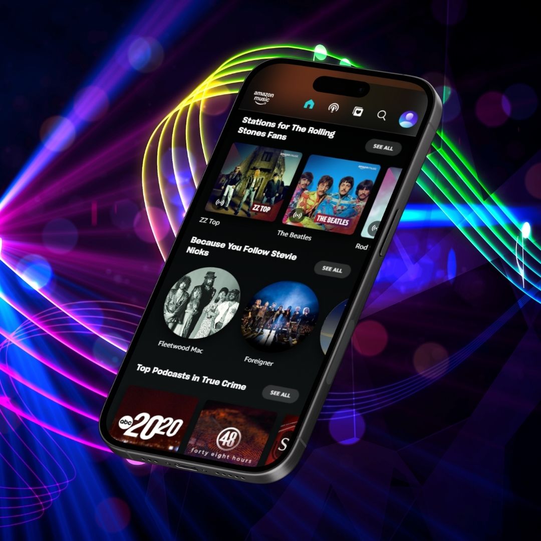 Cell phone running Amazon Music app.