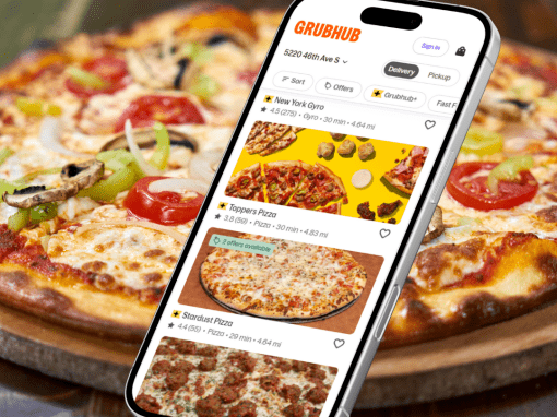 Cell Phone showing Grubhub ordering app with pizza restaurants nearby.
