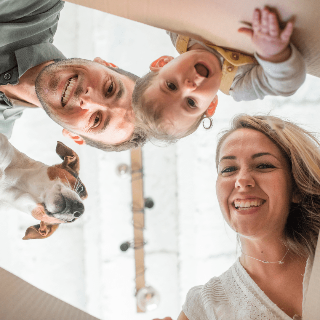 Family happily unboxing Amazon packages