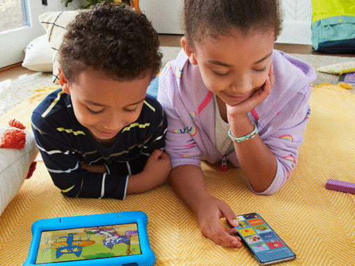 Children reading stories from an Amazon Kids+ app.