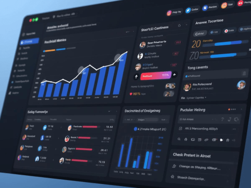 Futuristic AI dashboard showing automated social media content creation tools.