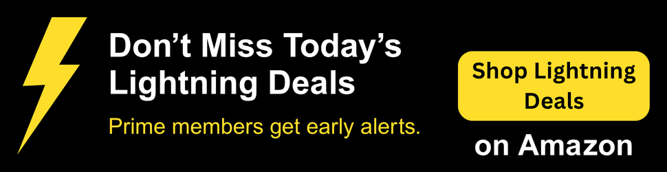 Amazon Lightning Deals graphic with lightning bolt and button to shop live deals.