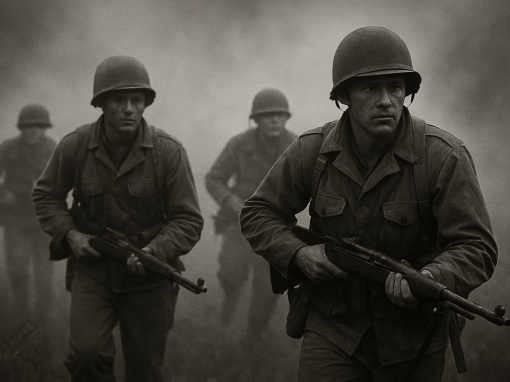 Soldiers advancing through a foggy battlefield, black-and-white style.