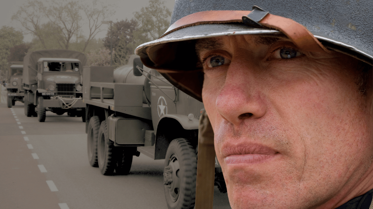 Composite image of a black-and-white column of army transports advancing up a road, overlaid with a color portrait of a soldier wearing a helmet, staring ahead with the burden of leadership.