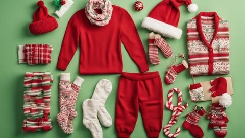Holiday flat lay of Christmas clothing gifts including pajamas, socks, slippers, and winter accessories