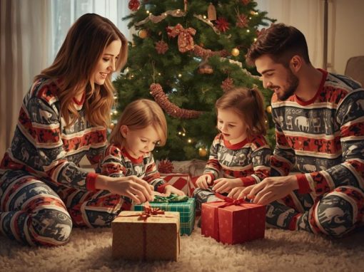 Family opening Christmas presents together while wearing matching holiday pajamas
