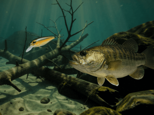 Crankbait swimming near submerged structure as a bass hovers just off the bottom