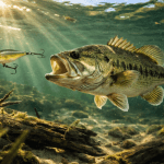 Largemouth bass striking a crankbait lure in clear green lake water with submerged wood and rocks