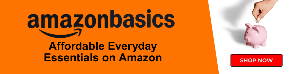 Amazon Basics banner promoting affordable everyday essentials with Shop Now button
