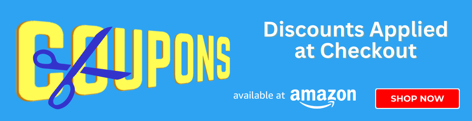 Amazon Coupons banner promoting discounts applied at checkout with Shop Now button