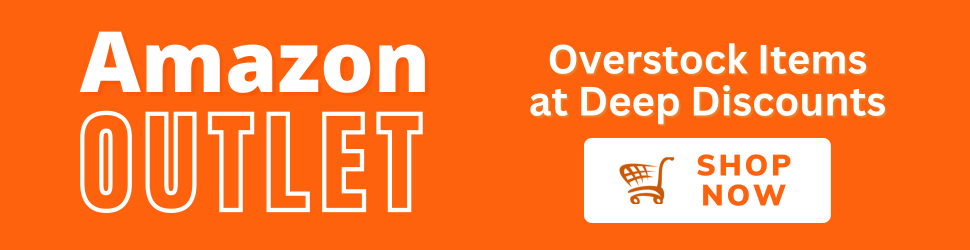 Amazon Outlet banner promoting overstock items at deep discounts with Shop Now button