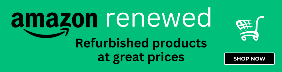 Amazon Renewed banner promoting refurbished products at great prices with Shop Now button