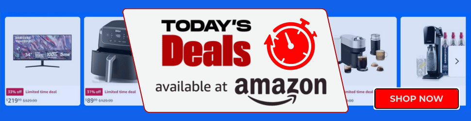 Amazon Today’s Deals banner featuring time-sensitive offers with Shop Now button