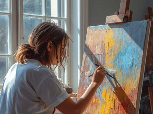 Artist painting textured abstract artwork beside a sunlit studio window during the final stages of an oil painting session.