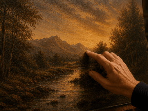 Artist gently testing the surface of a large oil painting with a fingertip to check if the paint is dry enough for oiling out