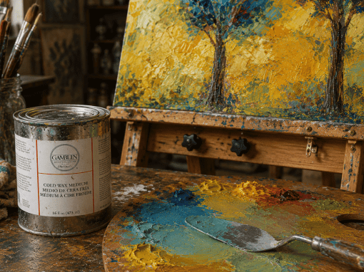 Cold wax medium beside a textured oil painting on a wooden easel with palette knife mixed paint and thick impasto color transitions in an artist studio.