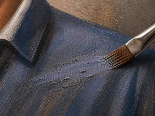 Close-up of a filbert brush applying light oil paint over a semi-dry painted shirt surface while disturbing and lifting the darker paint layer beneath.