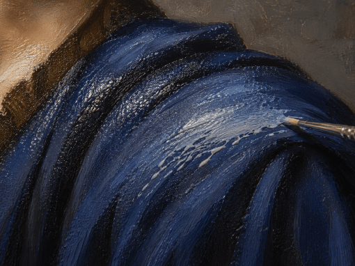 Close-up of fresh light-colored oil paint separating and streaking while being applied over a glossy dark blue painted fabric fold in a portrait painting.