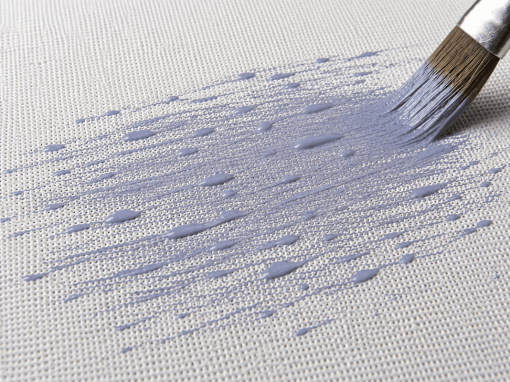 Close-up of thinned oil paint separating into streaks and surface-tension droplets while being brushed across a slick white gessoed canvas.