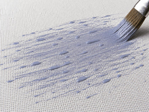 Close-up of thinned oil paint separating into streaks and surface-tension droplets while being brushed across a slick white gessoed canvas.