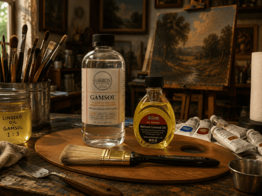 Artist oil painting supplies arranged in a warm home studio featuring Gamsol, refined linseed oil, brushes, palette tools, paint tubes, and a premixed oiling-out medium