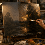 Artist oiling out a partially dry oil painting under side lighting using a 1 to 3 linseed oil and Gamsol mixture in a home art studio