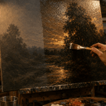 Artist oiling out a partially dry oil painting under side lighting using a 1 to 3 linseed oil and Gamsol mixture in a home art studio