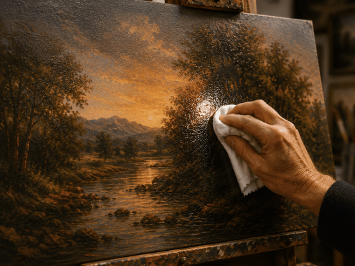 Artist wiping excess oiling-out medium from a glossy section of an oil painting using a lint-free cloth under warm studio lighting